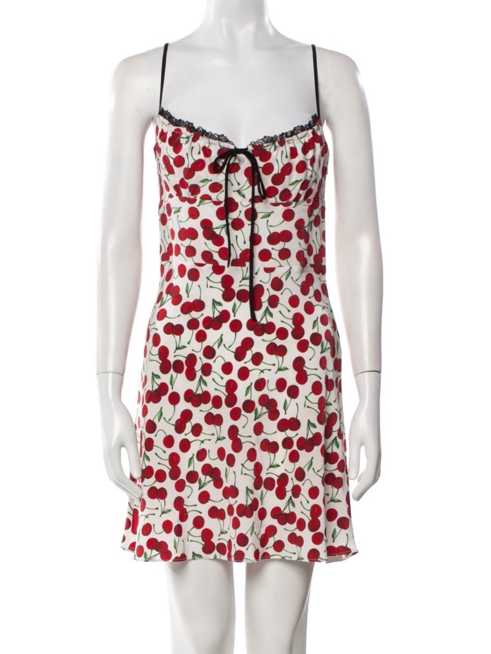 Realisation Par Cherry-Print Mini Dress in White and Red with Black Trim